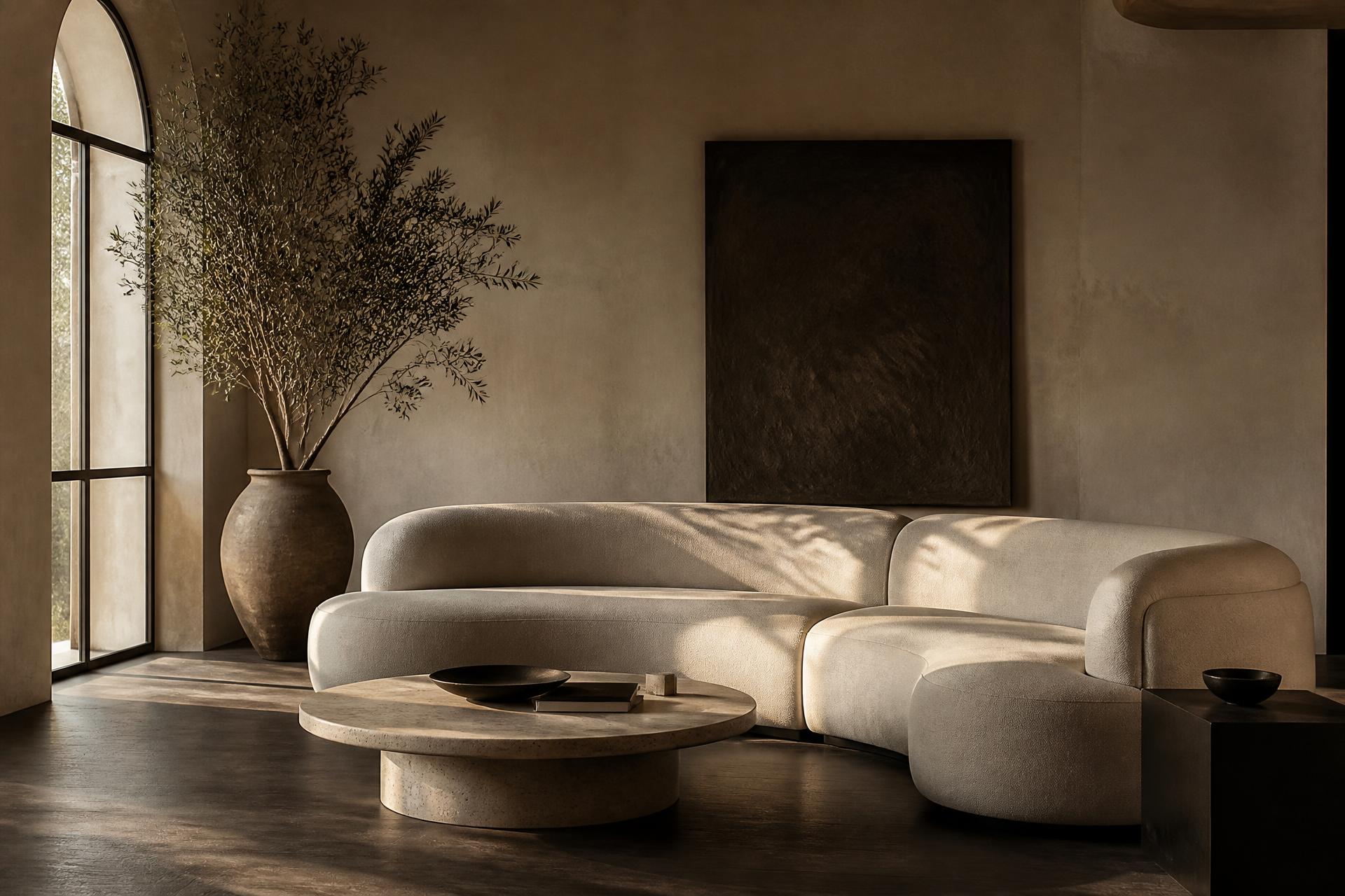 Espace de vie sur mesure avec un canapé sculptural en bouclette ivoire